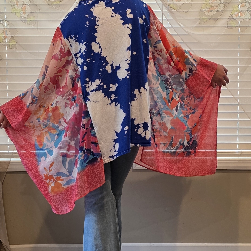 Upcycled Def Leppard Sheer Floral Pink Border Kimono Style Cover-Up - Picture 2 of 2